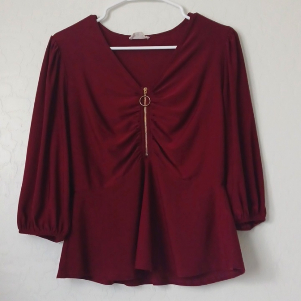 Ember Womans Maroon Long Sleeve Blouse With Ruching And Gold Zipper Size Small